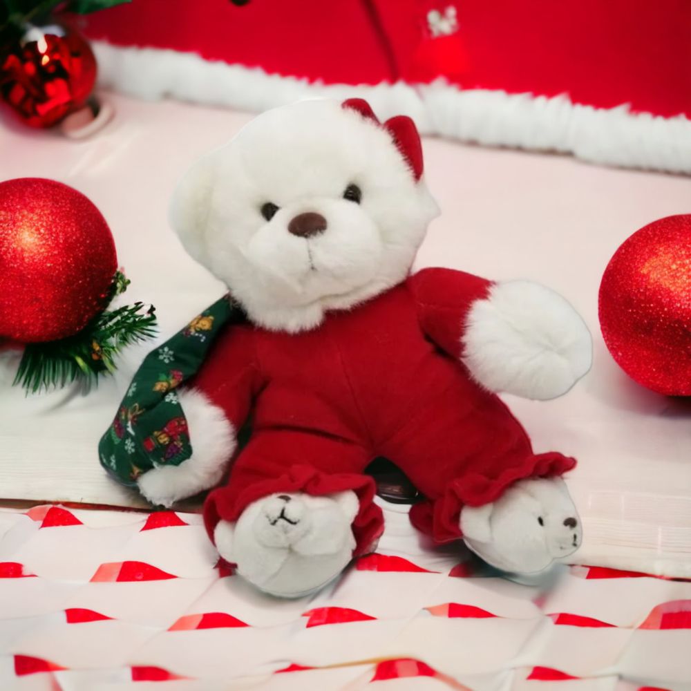 White Holiday Bear With Green Blanket Plush Toy Commonwealth Seasonal